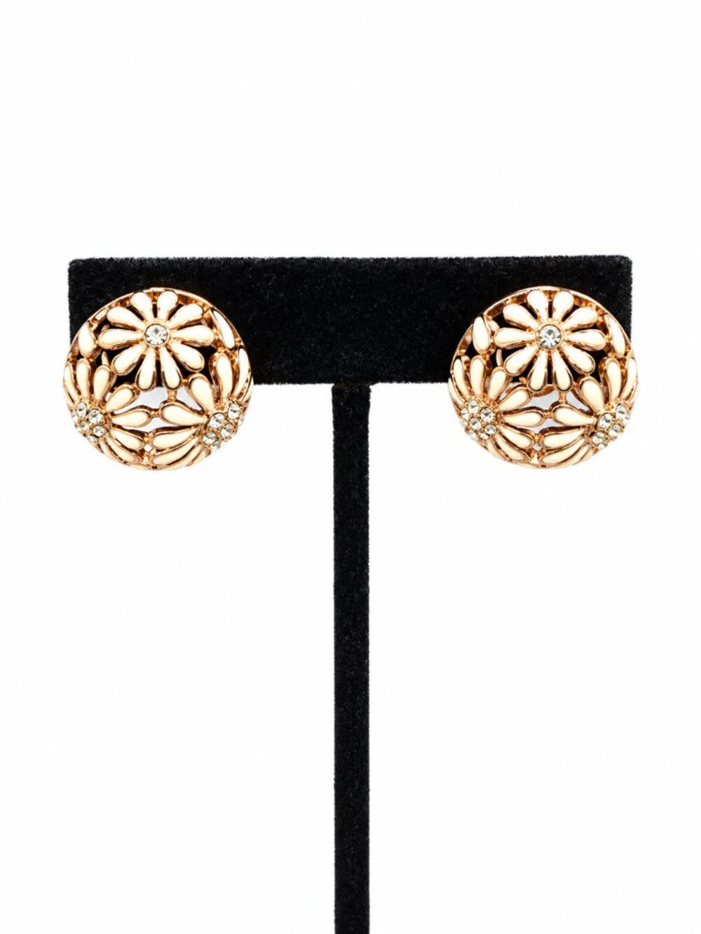 ROSE GOLD EARRINGS White Enamel Daisy Rhinestone Domed Openwork Pierced
